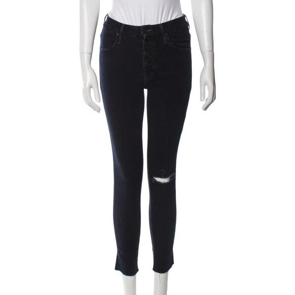 Mother Pixie Ankle Fray Holding Hands Tightly Mid-Rise Skinny Jeans Dark Blue 24 - Picture 2 of 14